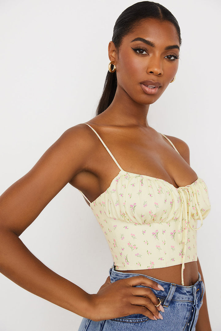 Stilla | Citronfarvet Blomstret Bustier Top Med Læg