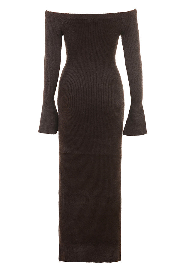 Stilla | Espresso Strikket Off Shoulder Kjole
