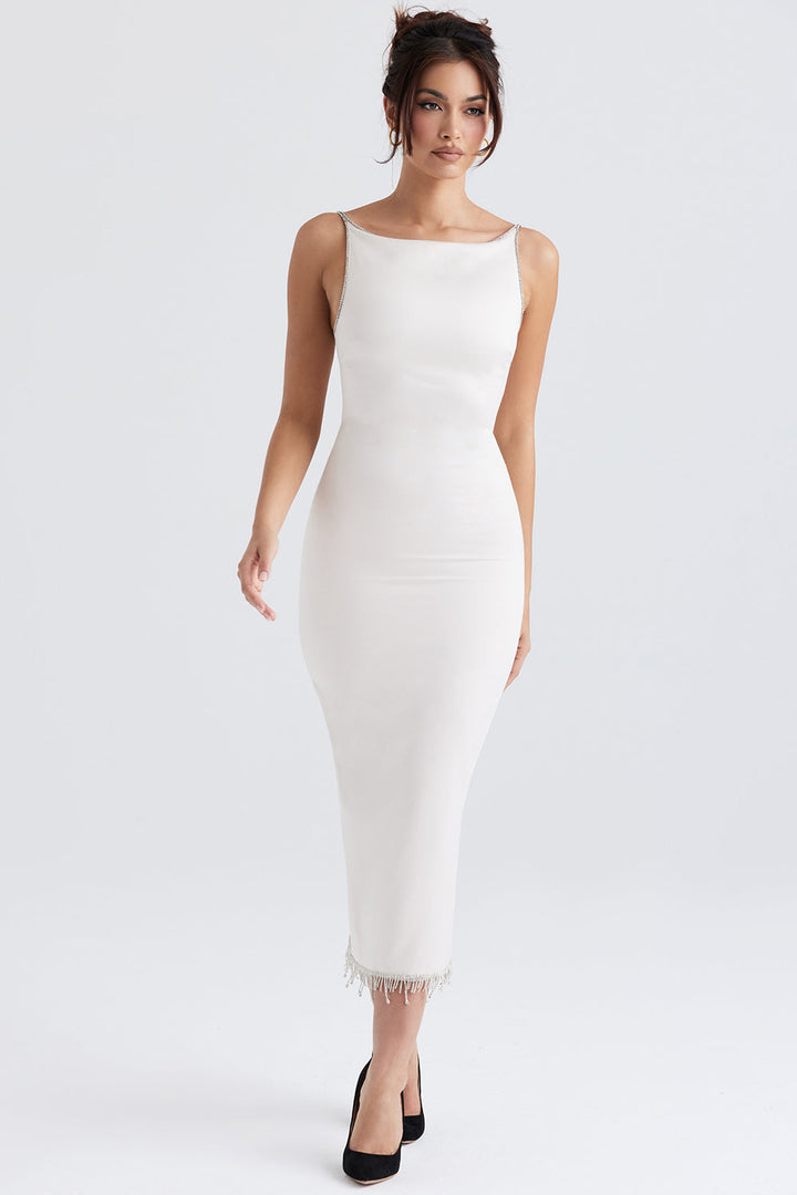 Stilla | Ivory Satin Midikjole Med Krystaller