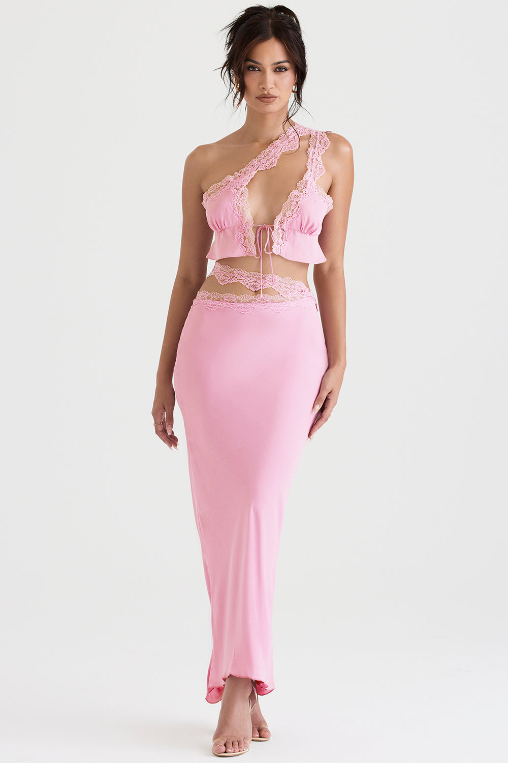 Stilla | Pink Luftig Cropped Top Med Maxi Nederdel Med Blondekant