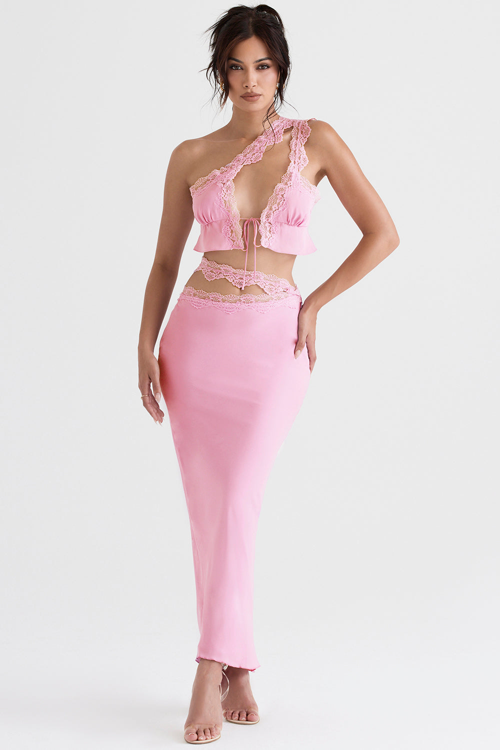 Stilla | Pink Luftig Cropped Top Med Maxi Nederdel Med Blondekant