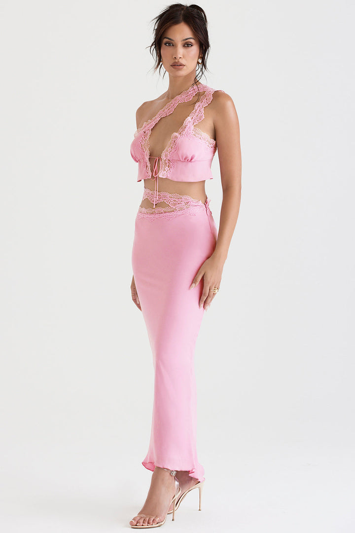Stilla | Pink Luftig Cropped Top Med Maxi Nederdel Med Blondekant