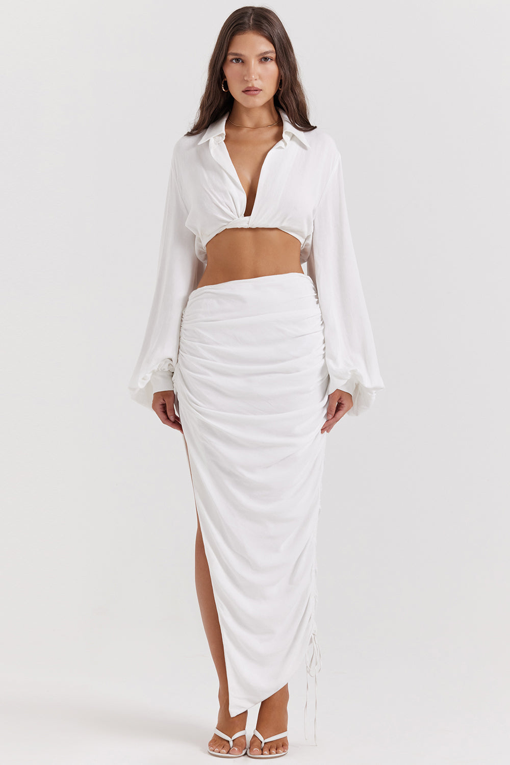 Stilla | Hvid Dyb Blouson Top Med Plisseret Maxi Nederdel