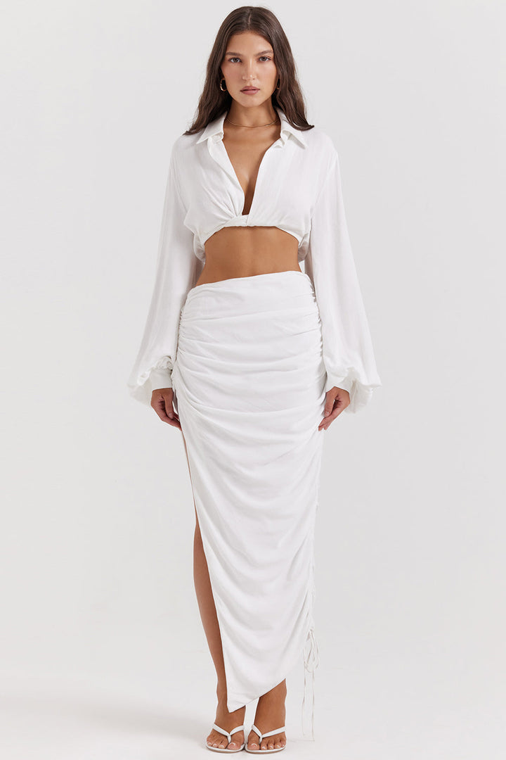 Stilla | Hvid Dyb Blouson Top Med Plisseret Maxi Nederdel