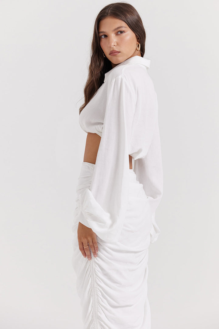 Stilla | Hvid Dyb Blouson Top Med Plisseret Maxi Nederdel