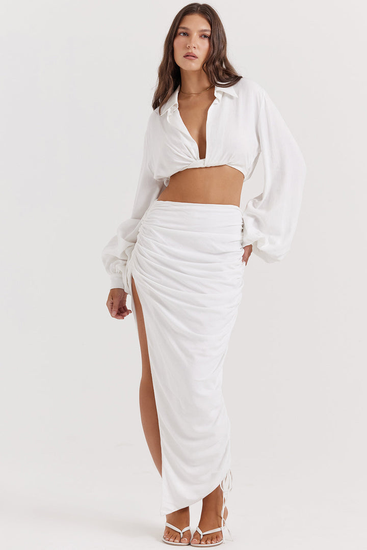 Stilla | Hvid Dyb Blouson Top Med Plisseret Maxi Nederdel