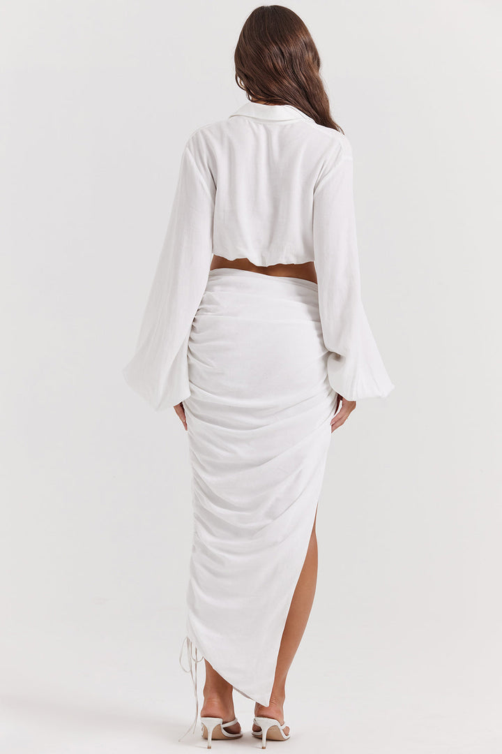 Stilla | Hvid Dyb Blouson Top Med Plisseret Maxi Nederdel