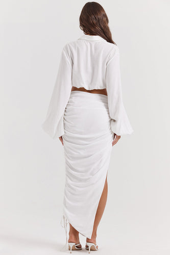 Stilla | Hvid Dyb Blouson Top Med Plisseret Maxi Nederdel