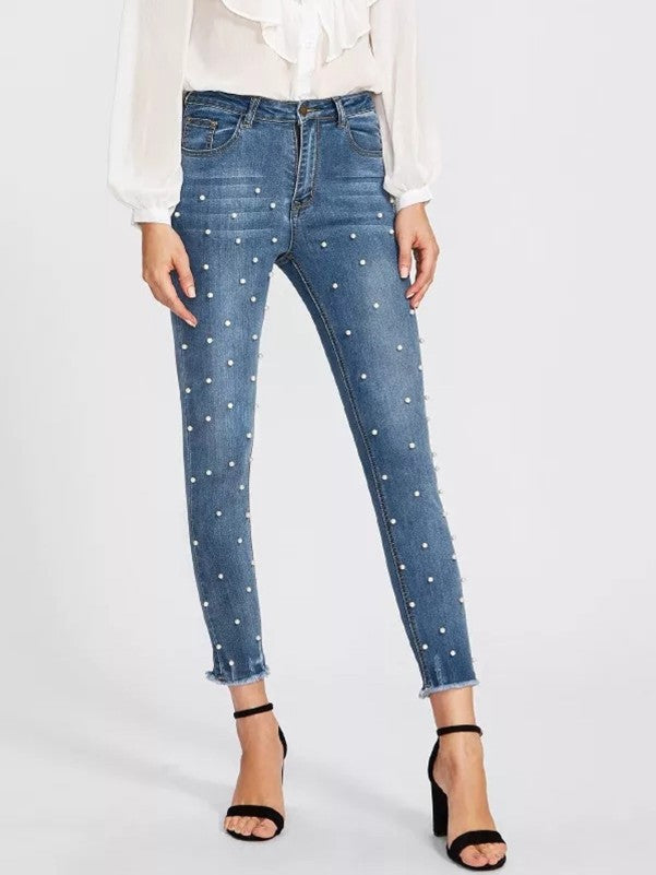 Stilla | Jeans Med Hvide Perler