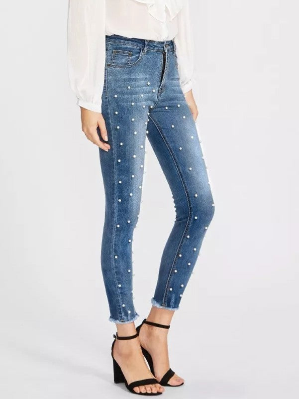 Stilla | Jeans Med Hvide Perler