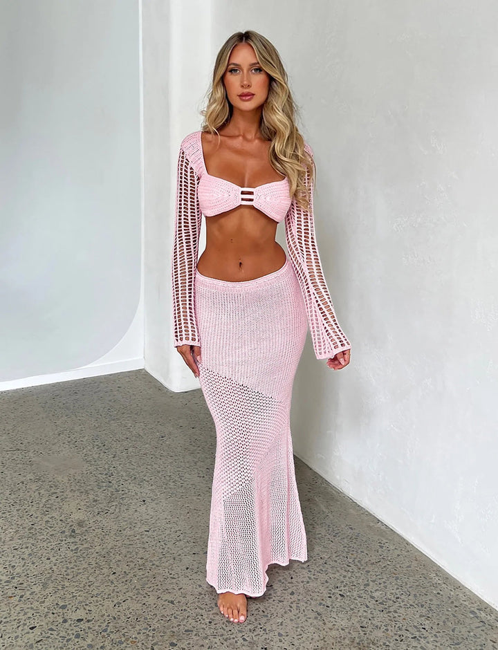 Stilla | Hæklet Maxi Nederdel Med Langærmet Crop Top Sæt