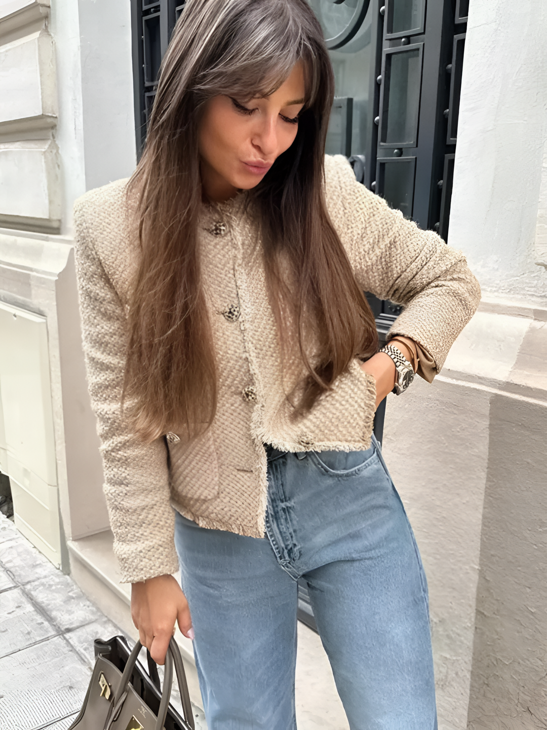 Stilla | Dame Tweed Sjal Taske Casual Frakke
