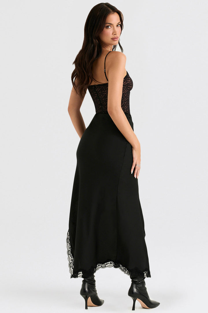 Stilla | Sort Blondekorset Med Satin Midi Nederdel