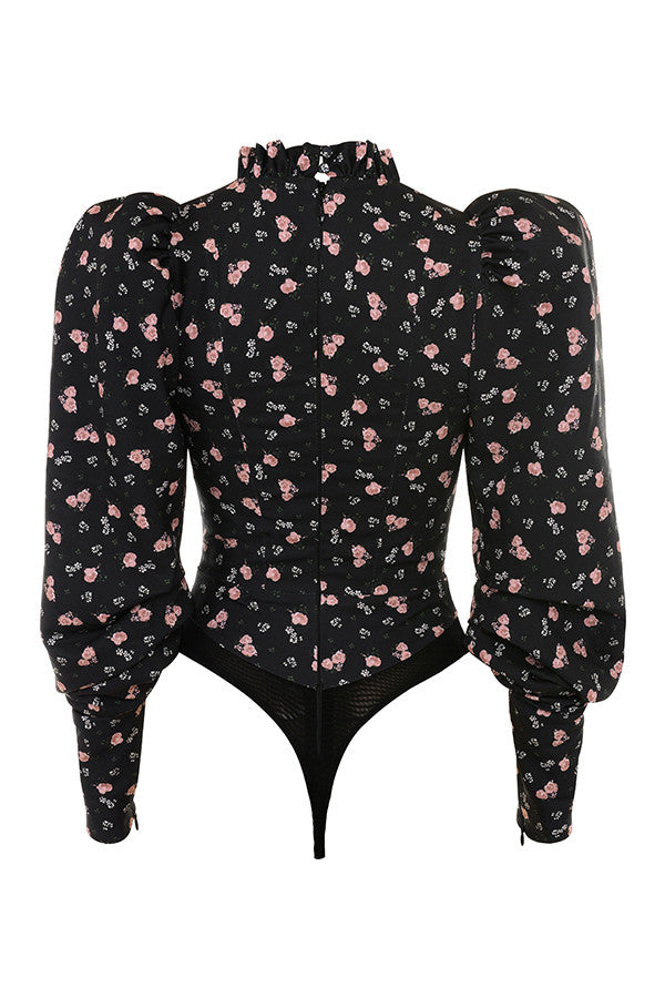 Stilla | Sort Korset Body Med Høj Hals Og Blomsterprint