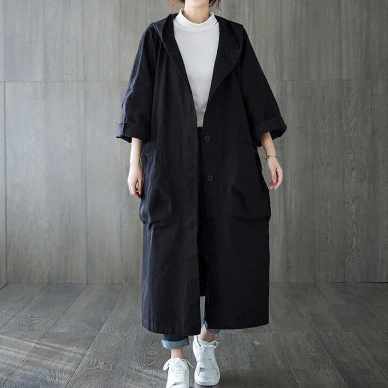 Stilla | Trenchcoat Plus Size Lang Længde Med Hætte Store Lommer