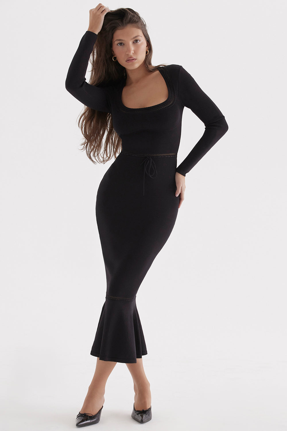 Stilla | Sort Elegante Strikket Midikjole
