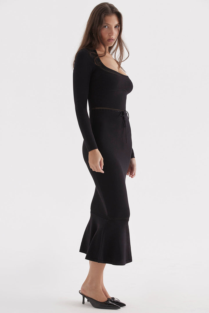 Stilla | Sort Elegante Strikket Midikjole