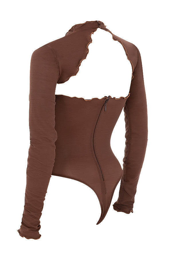 Stilla | Brun Power Mesh Bodysuit Med Bindebånd Foran