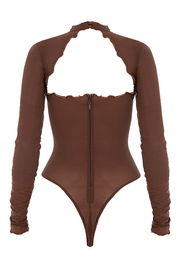 Stilla | Brun Power Mesh Bodysuit Med Bindebånd Foran