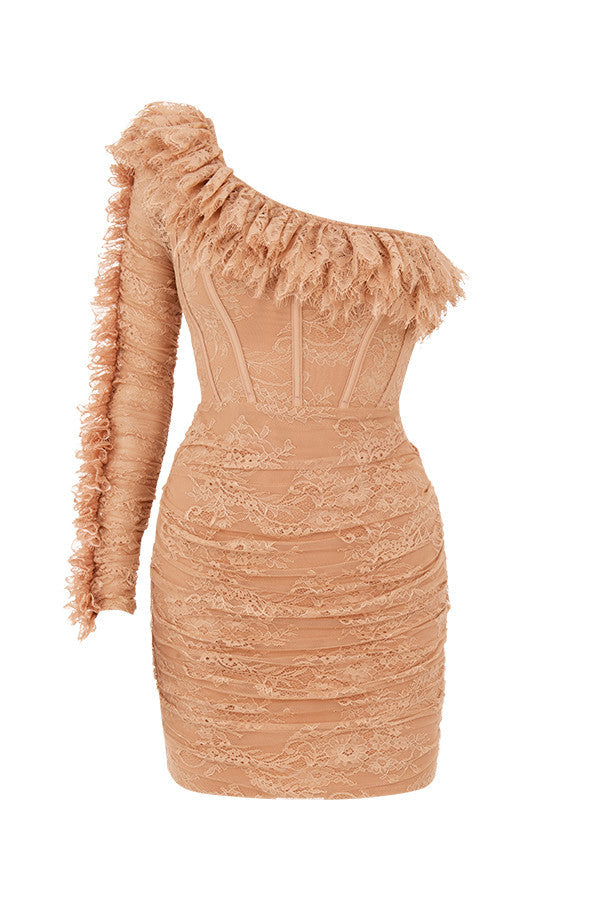 Stilla | Beige Asymmetrisk Minikjole Med Flæser
