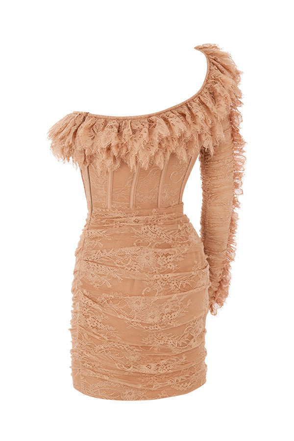 Stilla | Beige Asymmetrisk Minikjole Med Flæser
