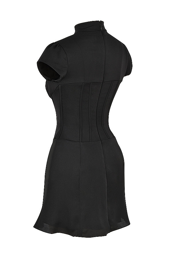 Stilla | Sort Satin Riflet Korset Minikjole