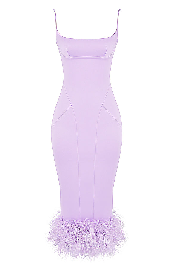 Stilla | Orchid Satin Midikjole Med Fjer