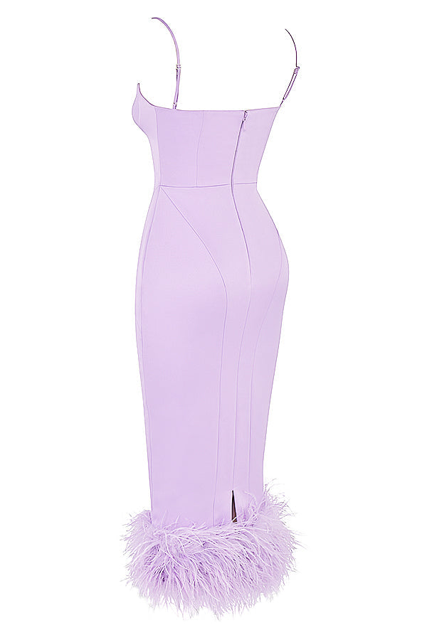Stilla | Orchid Satin Midikjole Med Fjer