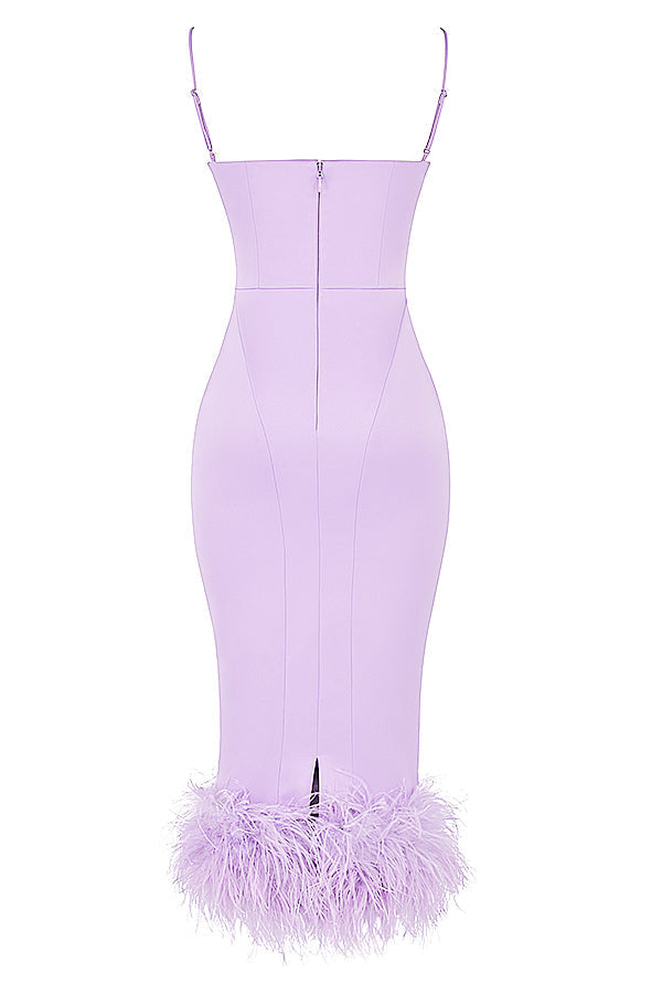 Stilla | Orchid Satin Midikjole Med Fjer