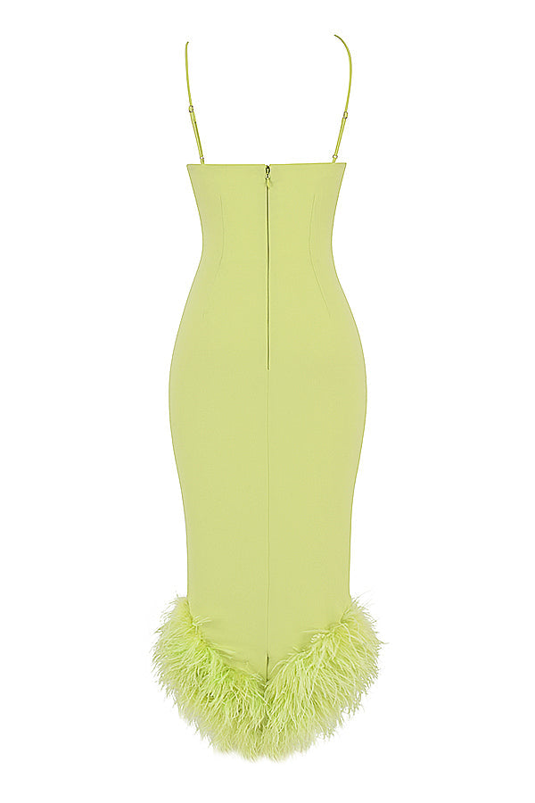 Stilla | Lime Midikjole Med Fjer