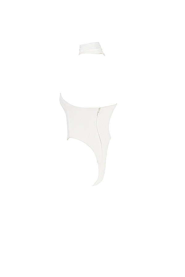 Stilla | Ivory Satin Bodysuit Med Omløbshals Og Grå Løse Bukser