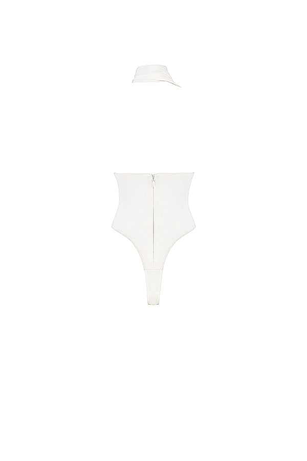 Stilla | Ivory Satin Bodysuit Med Omløbshals Og Grå Løse Bukser