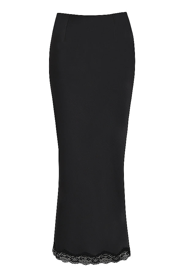 Stilla | Sort Blondekorset Med Satin Midi Nederdel