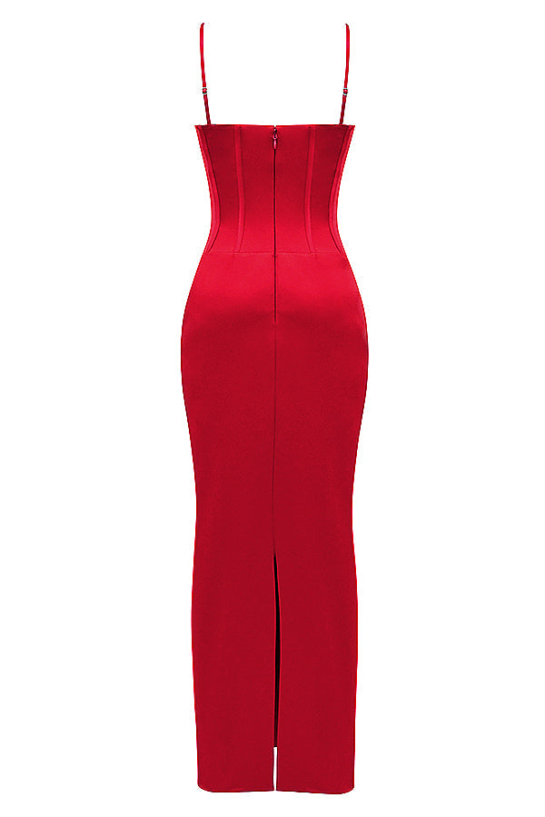 Stilla | Rød Satin Korset Maxi Kjole
