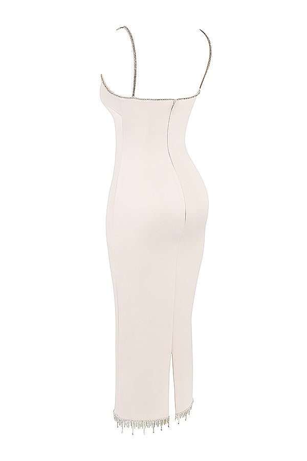 Stilla | Ivory Satin Midikjole Med Krystaller
