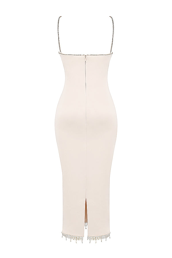 Stilla | Ivory Satin Midikjole Med Krystaller