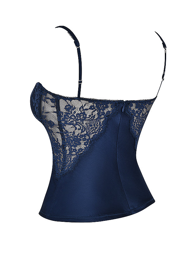 Stilla | Marineblå Satin Og Blonde Cami Top