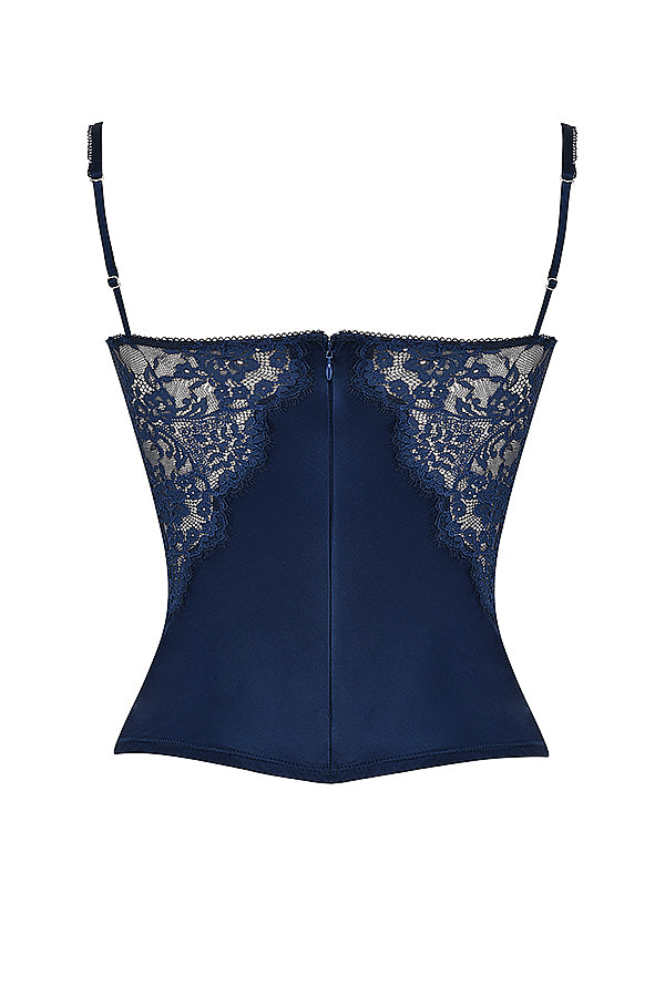 Stilla | Marineblå Satin Og Blonde Cami Top