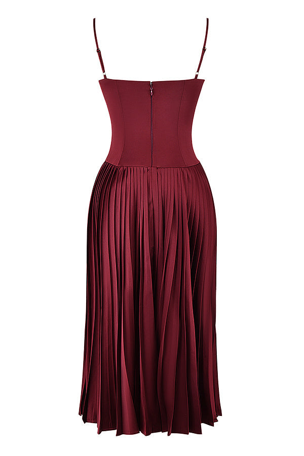Stilla | Vin Satin Plisseret Midikjole