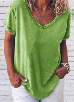 Stilla | Selma T-Shirt Ensfarvet Med Korte Ærmer Og V-Udskæring Til Damer