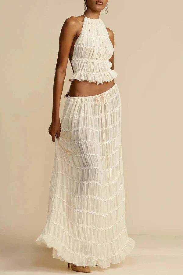Stilla | Rygfri sæt og lang beige farvet nederdel