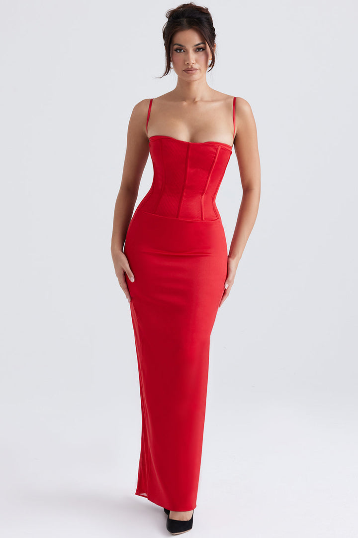 Stilla | Rød Satin Korset Maxi Kjole