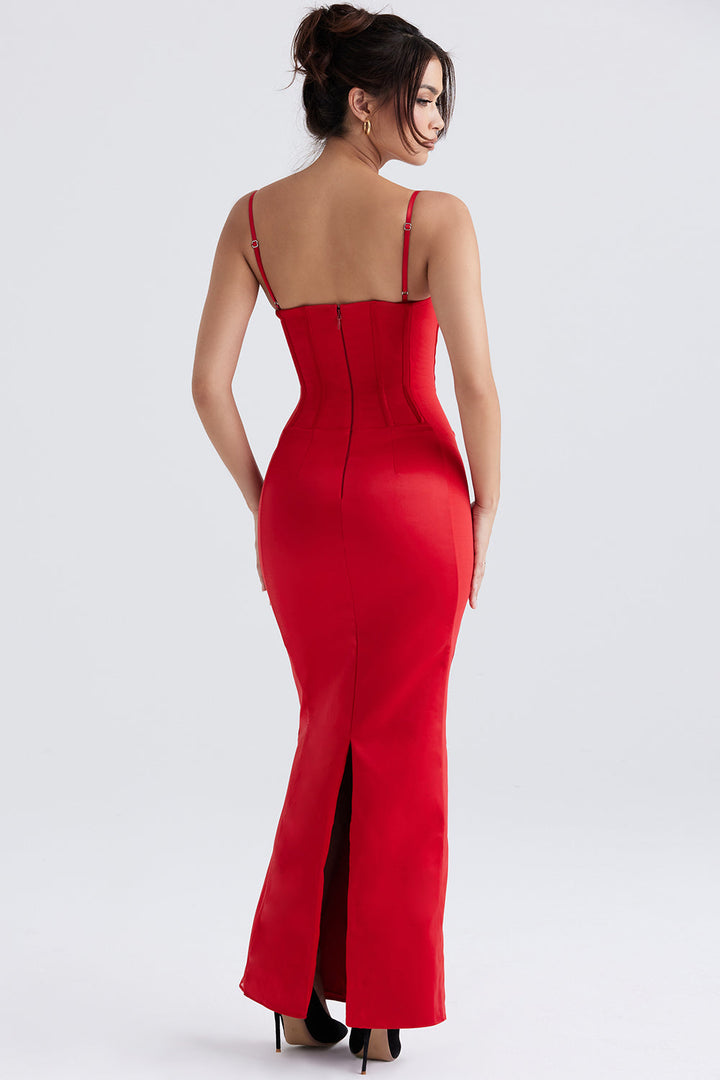 Stilla | Rød Satin Korset Maxi Kjole