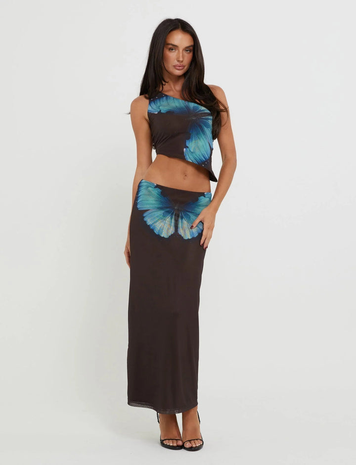 Stilla | Butterfly Maxi Nederdel Med One Shoulder Top Brun