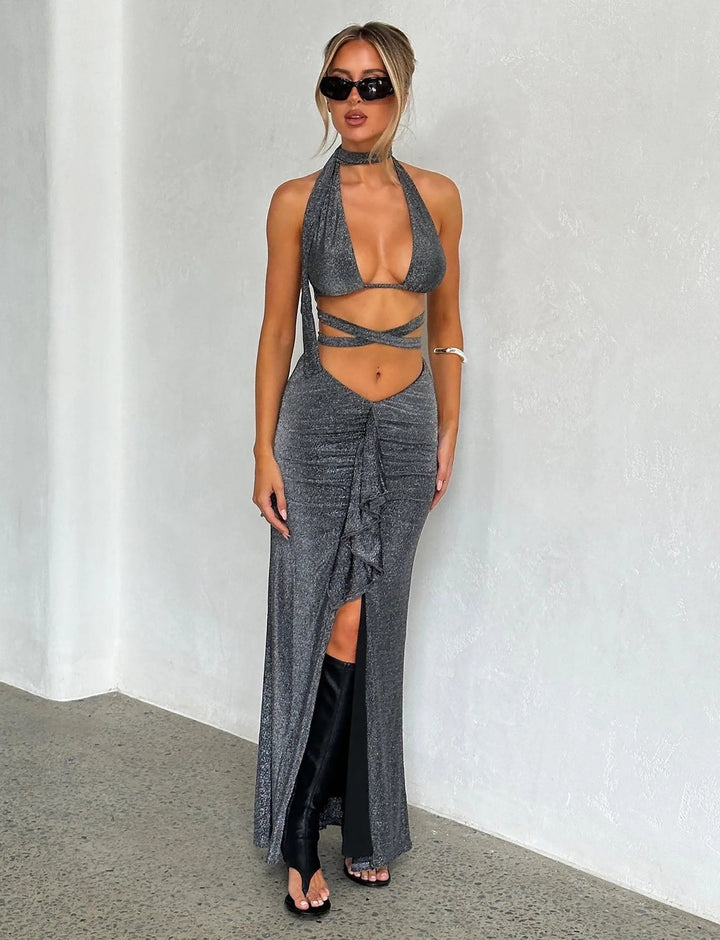 Stilla | Front Split Maxi Nederdel Med Bikinitop Shimmery Sølv