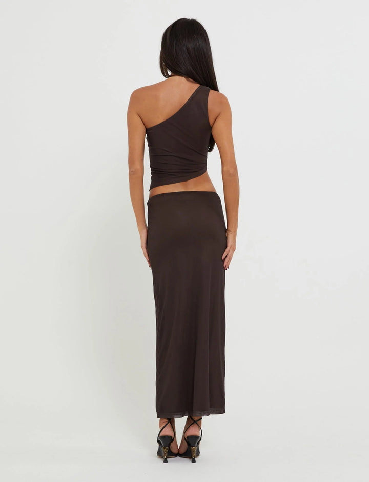 Stilla | Butterfly Maxi Nederdel Med One Shoulder Top Brun