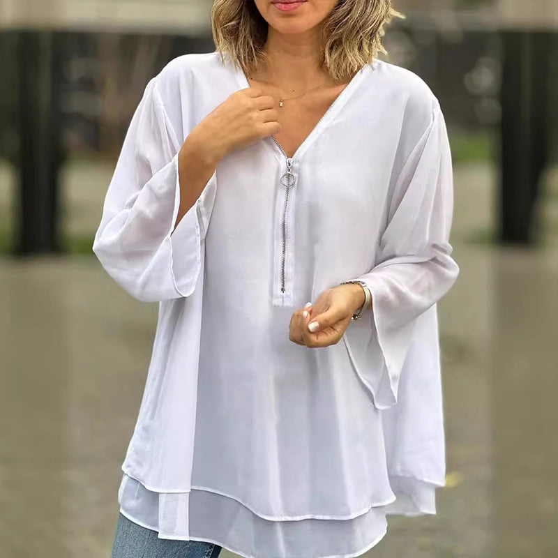 Stilla | V-hals Flydende Lynlåse T-shirt
