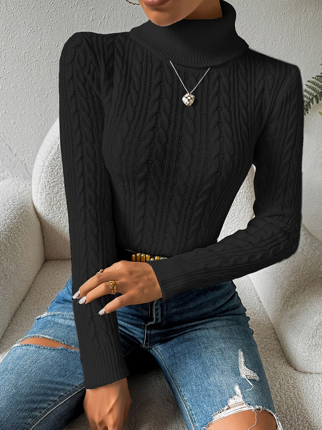 Stilla | Solid Kabelstrik Rullekrave sweater til kvinder