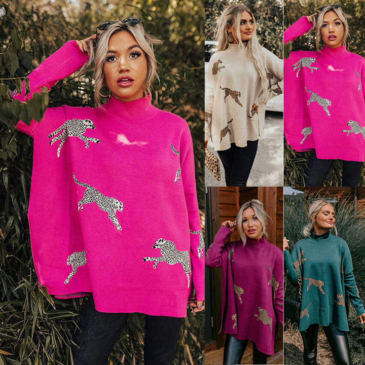 Stilla | Lækkert Retro Overdel Med Lange Ærmer, Trykt Med Leopard og Tiger Motiv