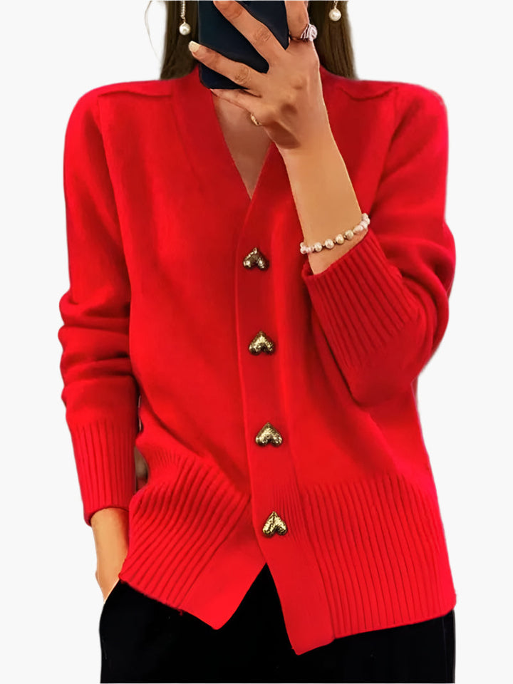 Stilla | Cardigan med Hjerteknapper - Elegant Strikpullover til Hverdag og Kontor